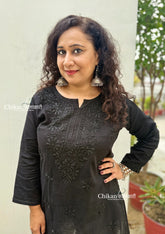 Siyara Short Cotton Chikankari Kurti - Full Black
